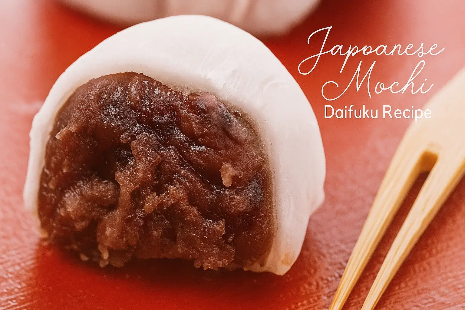 Close-up of soft Japanese daifuku mochi filled with thick red bean paste, placed on a vibrant red plate with wooden chopsticks beside it