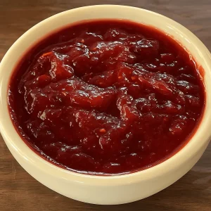 A small, round white bowl filled with a rich, dark red cranberry sauce. The sauce has a textured, chunky consistency with visible pieces of cranberries, and it sits on a dark wooden surface.