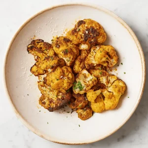 A bowl of golden-brown roasted cauliflower florets seasoned with spices and sprinkled with salt and fresh herbs on a light marble surface.
