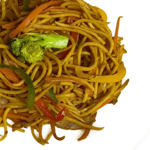 Close-up of chili garlic noodles mixed with stir-fried vegetables including yellow and red bell peppers, carrots, and a piece of broccoli florets on a plate.