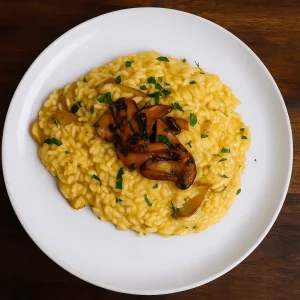 Creamy yellow risotto on a white plate, garnished with sautéed mushrooms and fresh chopped parsley.