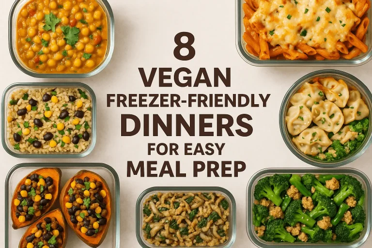 An overhead shot displaying eight glass containers filled with various vegan freezer-friendly dinners for meal prep, with text that reads "8 VEGAN FREEZER-FRIENDLY DINNERS FOR EASY MEAL PREP". Meals include vegan meal prep recipes like curry, pasta, beans and rice, and stuffed sweet potatoes