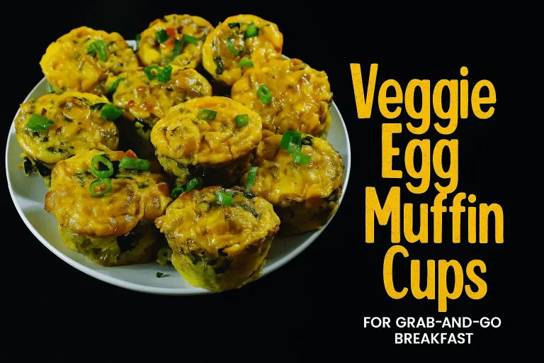 A plate piled high with vibrant yellow veggie egg muffin cups garnished with green onions, featuring text that reads "Veggie Egg Muffin Cups FOR GRAB-AND-GO BREAKFAST.