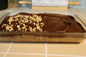 Easy no bake dessert, a rectangular glass pan containing a thick layer of no-bake chocolate bars base topped with smooth, melted chocolate ganache, half of which is sprinkled with chopped nuts.