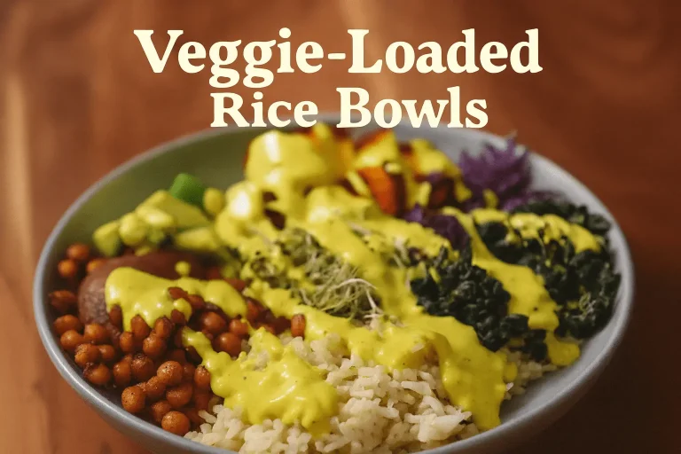 A colorful veggie-loaded rice bowl topped with a generous drizzle of yellow sauce, featuring white rice, reddish-brown chickpeas or beans, sprouts, dark leafy greens (like kale), purple cabbage, and other chopped vegetables.