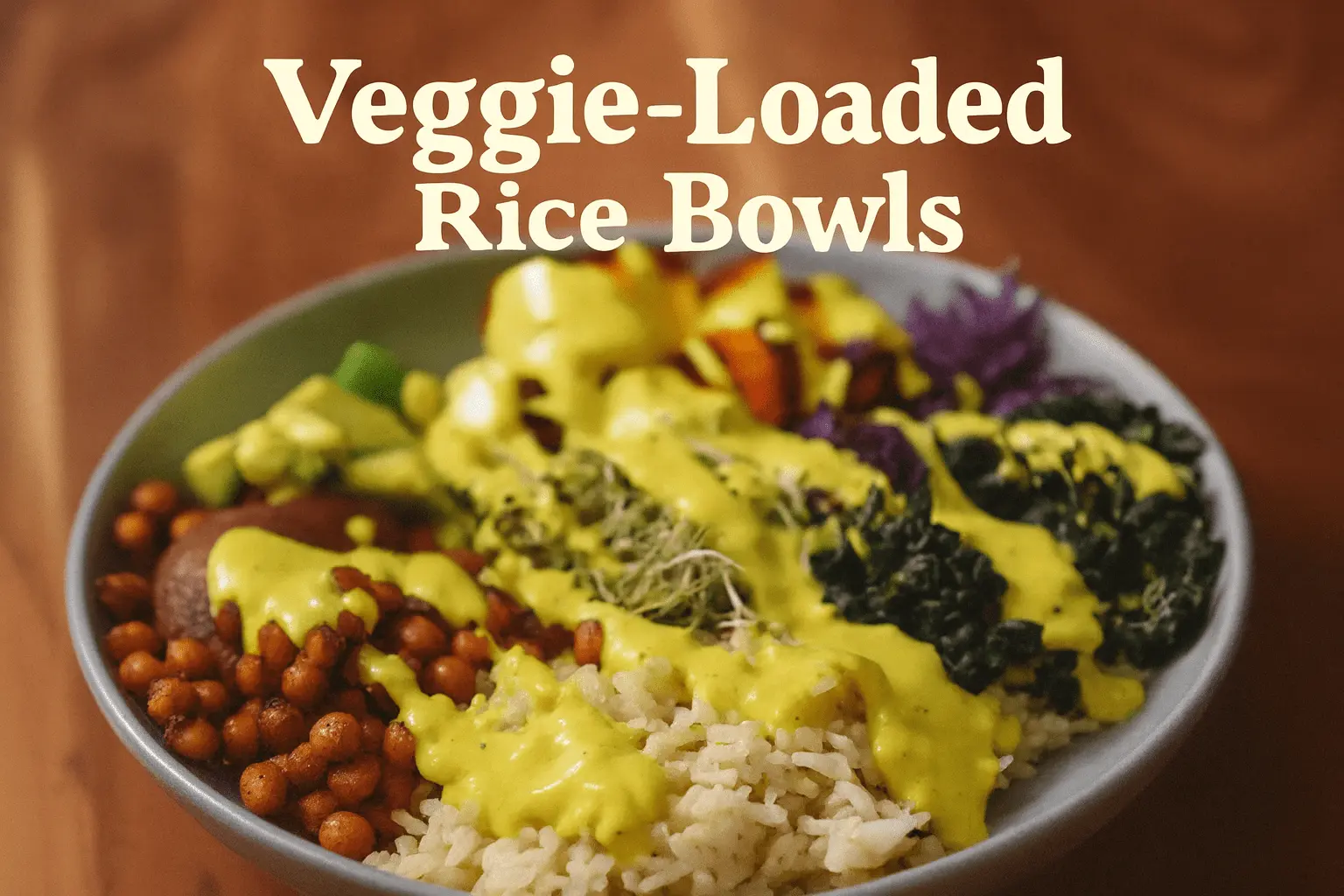 A colorful veggie-loaded rice bowl topped with a generous drizzle of yellow sauce, featuring white rice, reddish-brown chickpeas or beans, sprouts, dark leafy greens (like kale), purple cabbage, and other chopped vegetables.