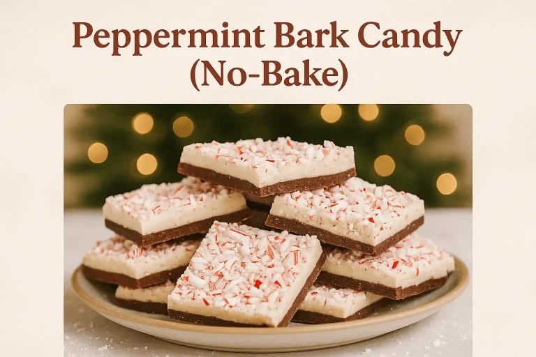 A stack of square peppermint bark pieces featuring a dark chocolate base and white chocolate top, sprinkled with crushed candy canes, set against a holiday background. Text overlay reads: "Peppermint Bark Candy (No-Bake).