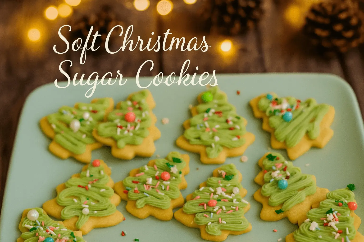 A festive platter of Christmas tree sugar cookies with green frosting and sprinkles, set against a background of pinecones and lights. Text overlay reads: "Soft Christmas Sugar Cookies.