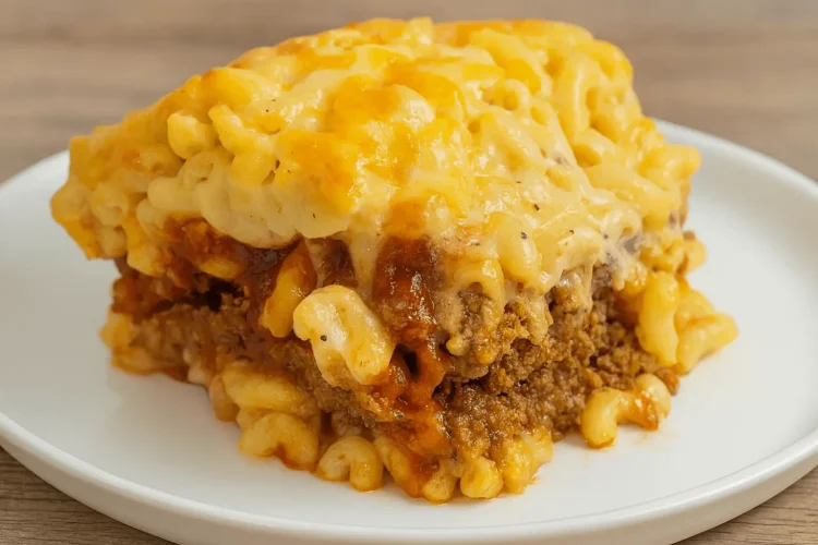 A close-up of a slice of Meatloaf & Mac Casserole on a white plate, showcasing the distinct layers of seasoned ground beef, rich BBQ glaze, and baked macaroni and cheese.