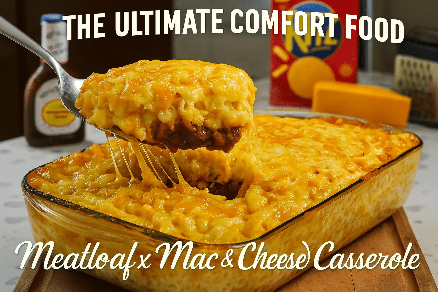 A large spoon lifting a cheesy portion of casserole from a glass dish, revealing layers of savory meatloaf and creamy macaroni. Text overlay reads: "THE ULTIMATE COMFORT FOOD Meatloaf x Mac & Cheese Casserole."