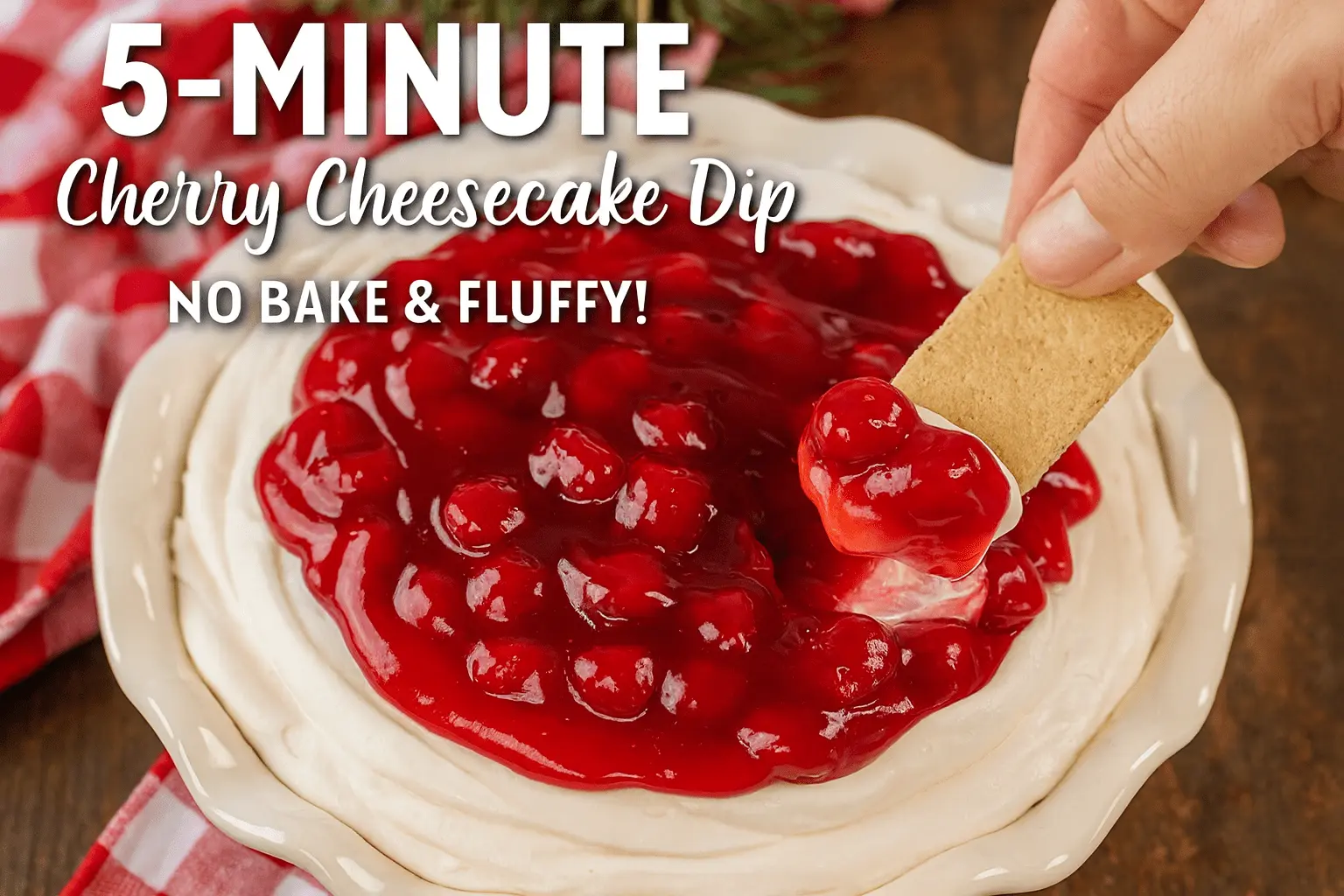 A close-up of a hand using a graham cracker to scoop up a portion of the dip. Text overlay reads: "5-MINUTE Cherry Cheesecake Dip NO BAKE & FLUFFY!