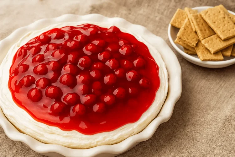 An overhead shot of the whole cherry cheesecake dip, showcasing the glossy cherry topping over the white cream cheese layer, set against a neutral background.