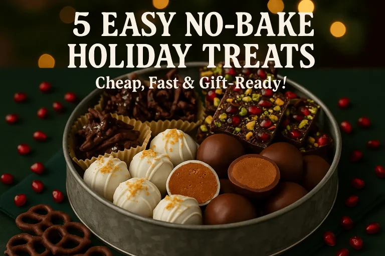 A festive metal tin filled with an assortment of no-bake treats, including chocolate haystacks, truffles, peanut butter balls, and chocolate bark. Text overlay reads: "5 EASY NO-BAKE HOLIDAY TREATS Cheap, Fast & Gift-Ready!"