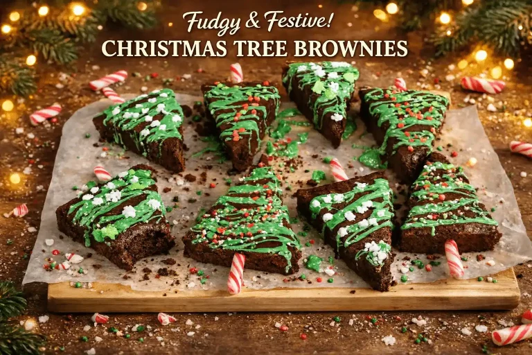 A festive display of triangular chocolate brownies decorated as Christmas trees with green icing and candy cane trunks, set against a background of warm lights and pine branches. Text overlay reads: "Fudgy & Festive! CHRISTMAS TREE BROWNIES."