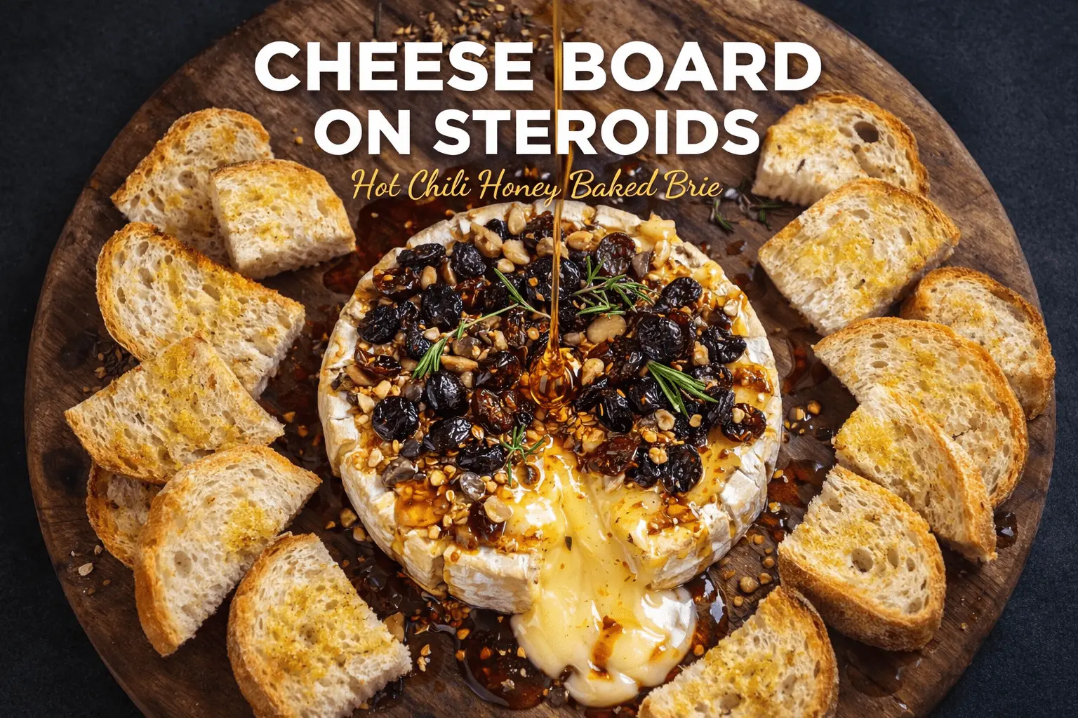 A wooden cheese board featuring a round of baked brie topped with dark berries, chopped nuts, and rosemary. Hot chili honey is being drizzled over the melting cheese, which is surrounded by toasted bread slices. Large white text at the top reads "CHEESE BOARD ON STEROIDS," with smaller gold text below saying "Hot Chili Honey Baked Brie.