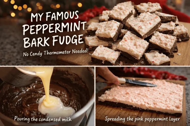 A three-part collage titled "My Famous Peppermint Bark Fudge." The top section shows a pile of finished fudge squares on a wooden board. The bottom-left panel shows a stream of condensed milk being poured into melted dark chocolate. The bottom-right panel shows a hand spreading a pink peppermint layer over a dark chocolate base with an offset spatula.