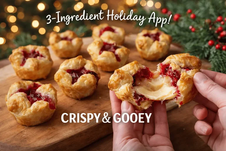 A wooden board filled with golden-brown puff pastry bites filled with red cranberry sauce. In the foreground, two hands pull one of the appetizers apart to reveal a gooey, melted white brie cheese center. The background features warm holiday lights and festive evergreen branches. White text at the top reads "3-Ingredient Holiday App!" and bold white text at the bottom says "CRISPY & GOOEY.