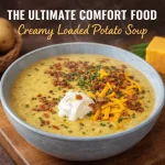 A steaming bowl of creamy loaded potato soup on a wooden cutting board, surrounded by its ingredients: a small basket of raw potatoes, a block of cheddar cheese, and fresh chives. White and gold text at the top reads "THE ULTIMATE COMFORT FOOD" and "Creamy Loaded Potato Soup." The soup itself is topped with a generous amount of bacon bits, shredded cheese, chives, and a swirl of sour cream.
