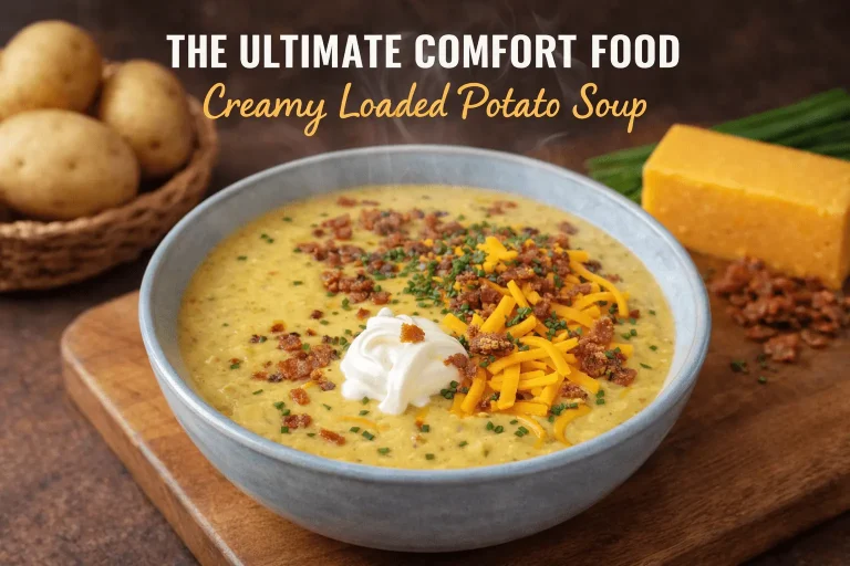 A steaming bowl of creamy loaded potato soup on a wooden cutting board, surrounded by its ingredients: a small basket of raw potatoes, a block of cheddar cheese, and fresh chives. White and gold text at the top reads "THE ULTIMATE COMFORT FOOD" and "Creamy Loaded Potato Soup." The soup itself is topped with a generous amount of bacon bits, shredded cheese, chives, and a swirl of sour cream.
