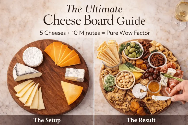 A side-by-side comparison graphic titled "The Ultimate Cheese Board Guide." The left side, labeled "The Setup," shows five different types of cheese arranged on a round wooden board. The right side, labeled "The Result," shows the same board fully loaded with accompaniments like crackers, nuts, dried apricots, olives, and grapes. A hand is shown using a small knife to spread cheese onto a cracker.