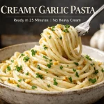 A close-up of a rustic ceramic bowl filled with creamy garlic pasta, garnished with minced garlic and fresh parsley. A silver fork lifts a large swirl of the long pasta from the center. In the background, there is a head of garlic, a bottle of red wine, and warm, dark lighting. Large cream-colored text at the top reads "CREAMY GARLIC PASTA," with a subtitle "Ready in 25 Minutes | No Heavy Cream" below it.