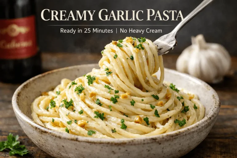 A close-up of a rustic ceramic bowl filled with creamy garlic pasta, garnished with minced garlic and fresh parsley. A silver fork lifts a large swirl of the long pasta from the center. In the background, there is a head of garlic, a bottle of red wine, and warm, dark lighting. Large cream-colored text at the top reads "CREAMY GARLIC PASTA," with a subtitle "Ready in 25 Minutes | No Heavy Cream" below it.