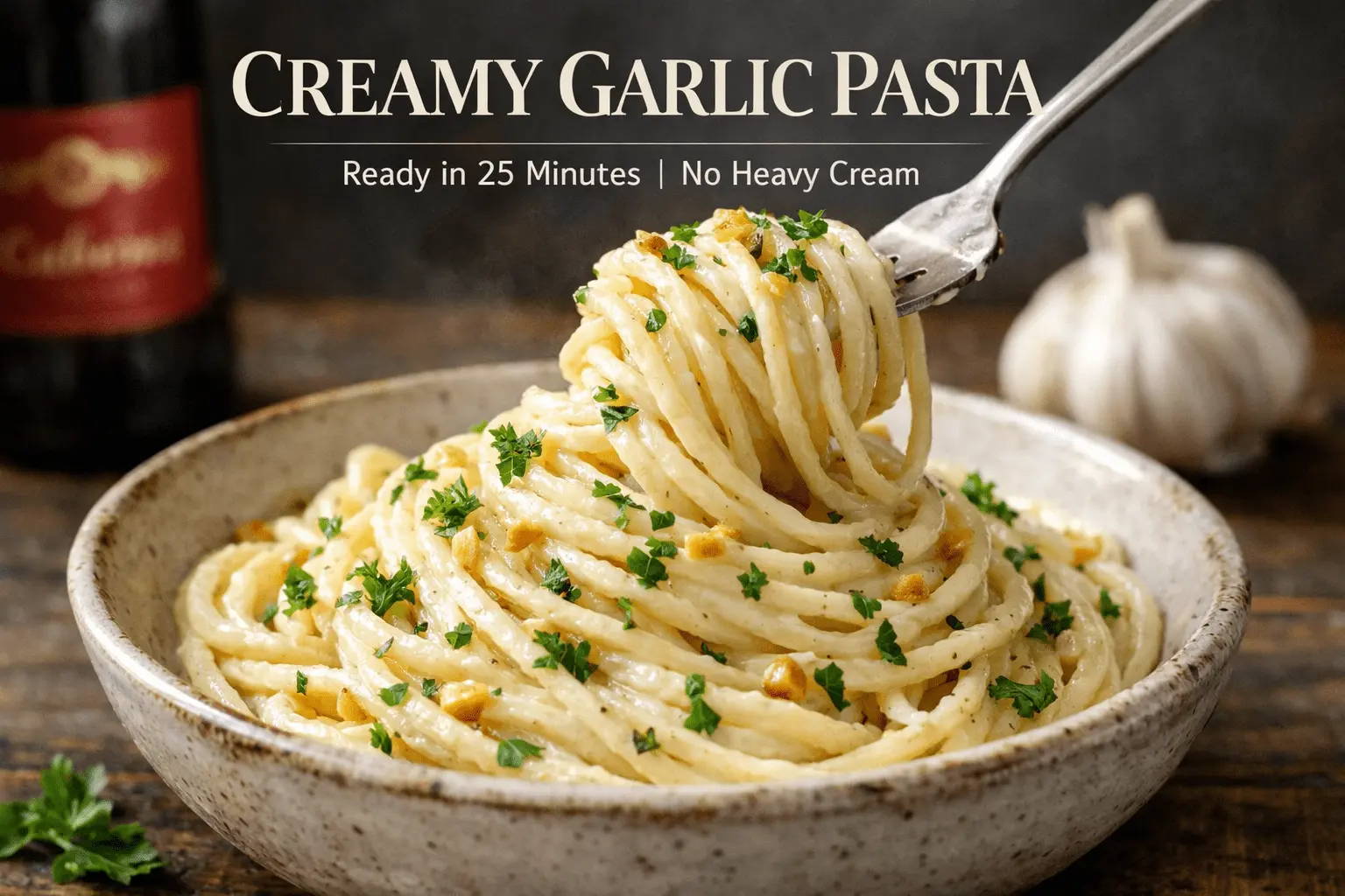 A close-up of a rustic ceramic bowl filled with creamy garlic pasta, garnished with minced garlic and fresh parsley. A silver fork lifts a large swirl of the long pasta from the center. In the background, there is a head of garlic, a bottle of red wine, and warm, dark lighting. Large cream-colored text at the top reads "CREAMY GARLIC PASTA," with a subtitle "Ready in 25 Minutes | No Heavy Cream" below it.