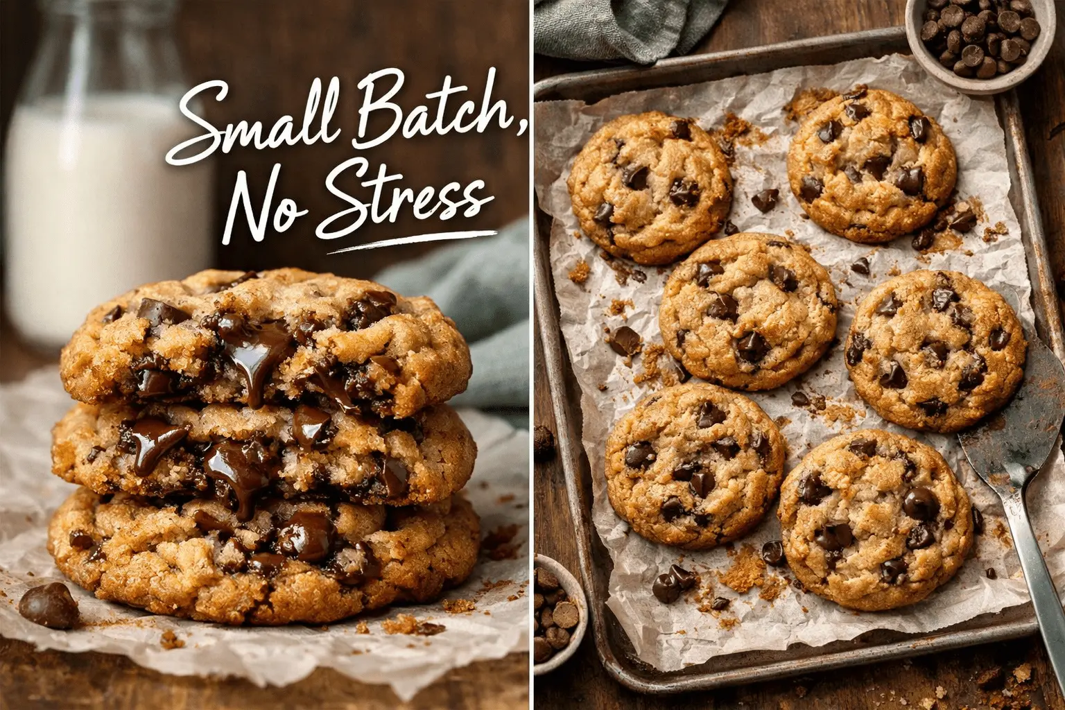 A two-part collage for a small-batch cookie recipe. The left side shows a stack of three thick cookies with melted chocolate oozing out, accompanied by a glass of milk and the text "Small Batch, No Stress." The right side shows six cookies on a parchment-lined baking sheet with loose chocolate chips nearby on a rustic wooden surface.