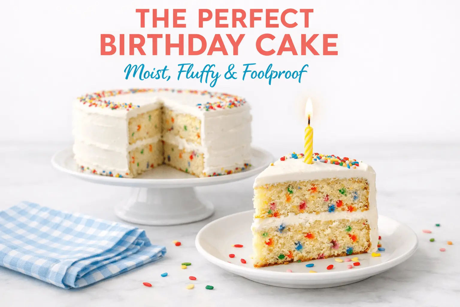 A two-layer funfetti birthday cake with white frosting and colorful sprinkles, sitting on a white pedestal stand with a slice missing. In the foreground, a slice of the cake on a white plate features a single lit yellow candle. The heading reads "THE PERFECT BIRTHDAY CAKE" in bold pink letters with "Moist, Fluffy & Foolproof" written in blue script below it.