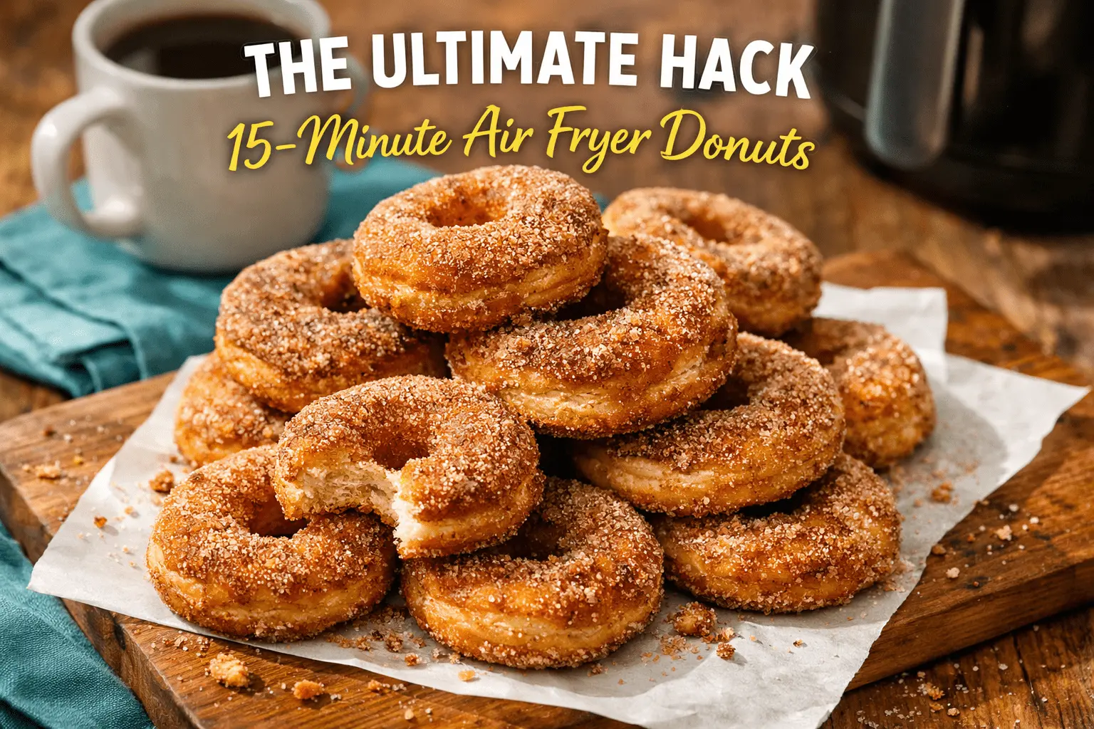 A vertical food graphic featuring a large, appetizing pile of golden-brown cinnamon sugar donuts on a wooden board. One donut at the front has a bite taken out, showing its fluffy white interior. The top of the image has text that reads "THE ULTIMATE HACK" in bold white and "15-Minute Air Fryer Donuts" in yellow script. In the background, a white mug of coffee and an air fryer are visible in a warm, cozy setting.