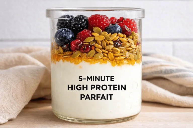 A clear glass jar filled with a layered yogurt parfait sitting on a wooden surface. The bottom layer is thick white yogurt, topped with a thin layer of honey and a generous layer of toasted pumpkin seeds. The jar is finished with fresh blueberries, blackberries, and raspberries. Bold black text in the center of the image reads "5-MINUTE HIGH PROTEIN PARFAIT.