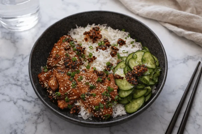 uick Teriyaki Chicken Rice Bowl with Marinated Cucumbers