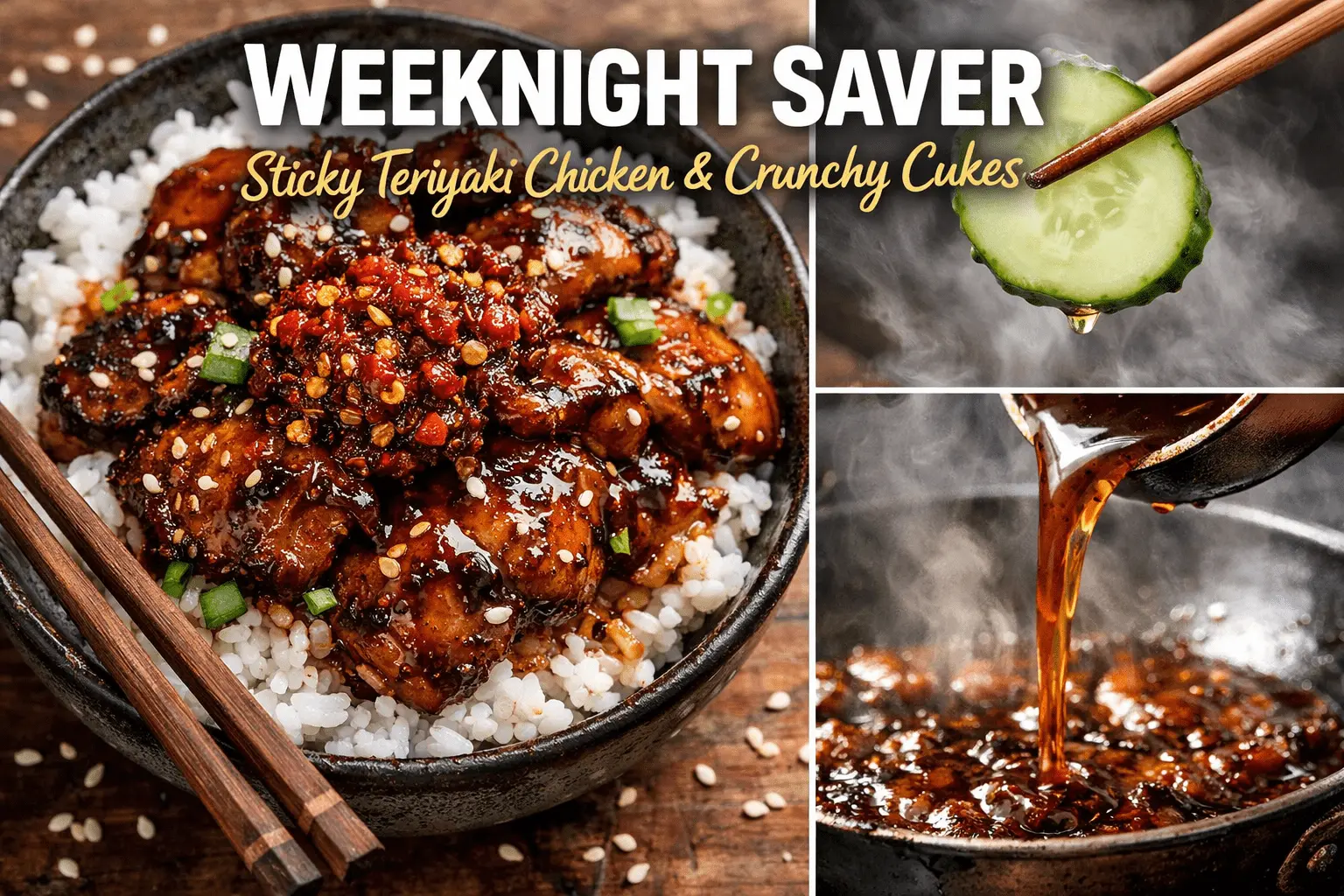 A collage titled "WEEKNIGHT SAVER: Sticky Teriyaki Chicken & Crunchy Cukes." The main image shows a bowl of glazed teriyaki chicken over white rice, topped with sesame seeds, green onions, and chili crisp. To the right, two smaller panels show a steaming cucumber slice held by chopsticks and teriyaki sauce being poured into a hot pan.