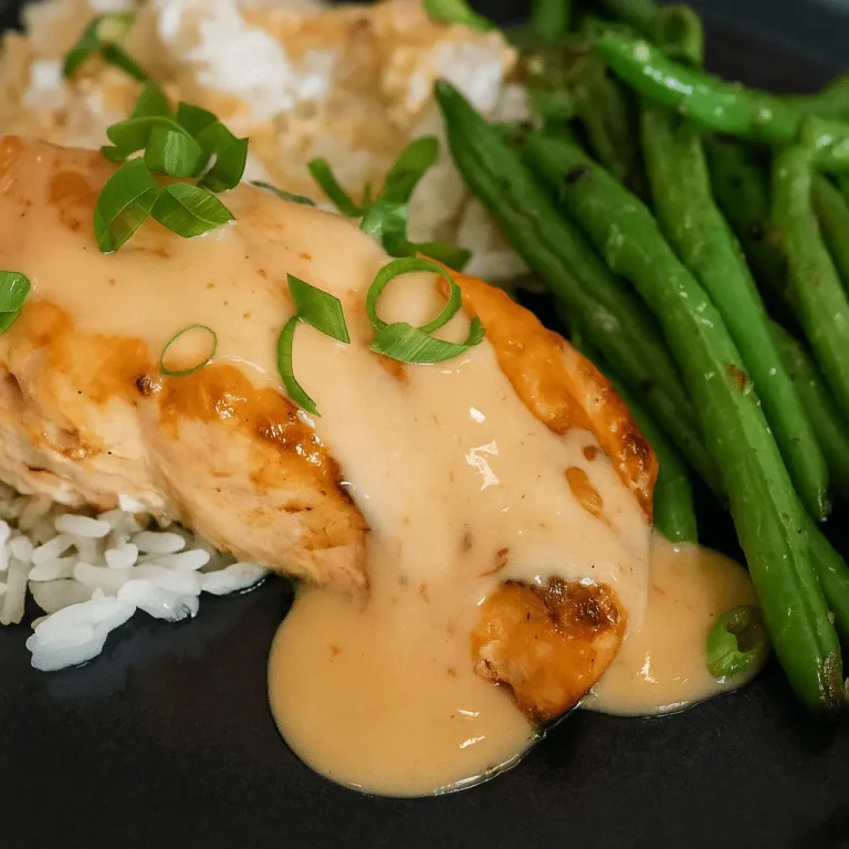 A piece of salmon fillet topped with a creamy orange Bang Bang sauce and sliced green onions, served over white rice and alongside green beans.