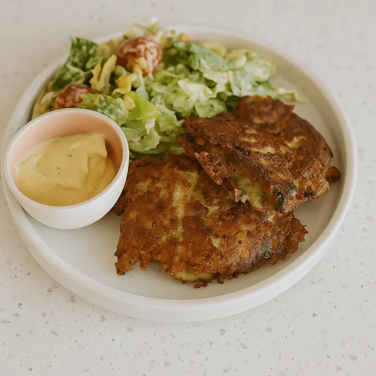 A white plate holding two golden-brown, crispy chicken or vegetable patties, served next to a fresh green salad with cherry tomatoes and a small bowl of light-colored dipping sauce (possibly a mayonnaise-based sauce).
