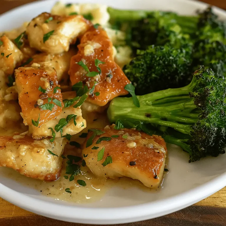 Cubes of chicken in a rich garlic butter sauce, sprinkled with parsley, and served with steamed broccoli and a creamy side dish (possibly mashed potatoes or cauliflower).