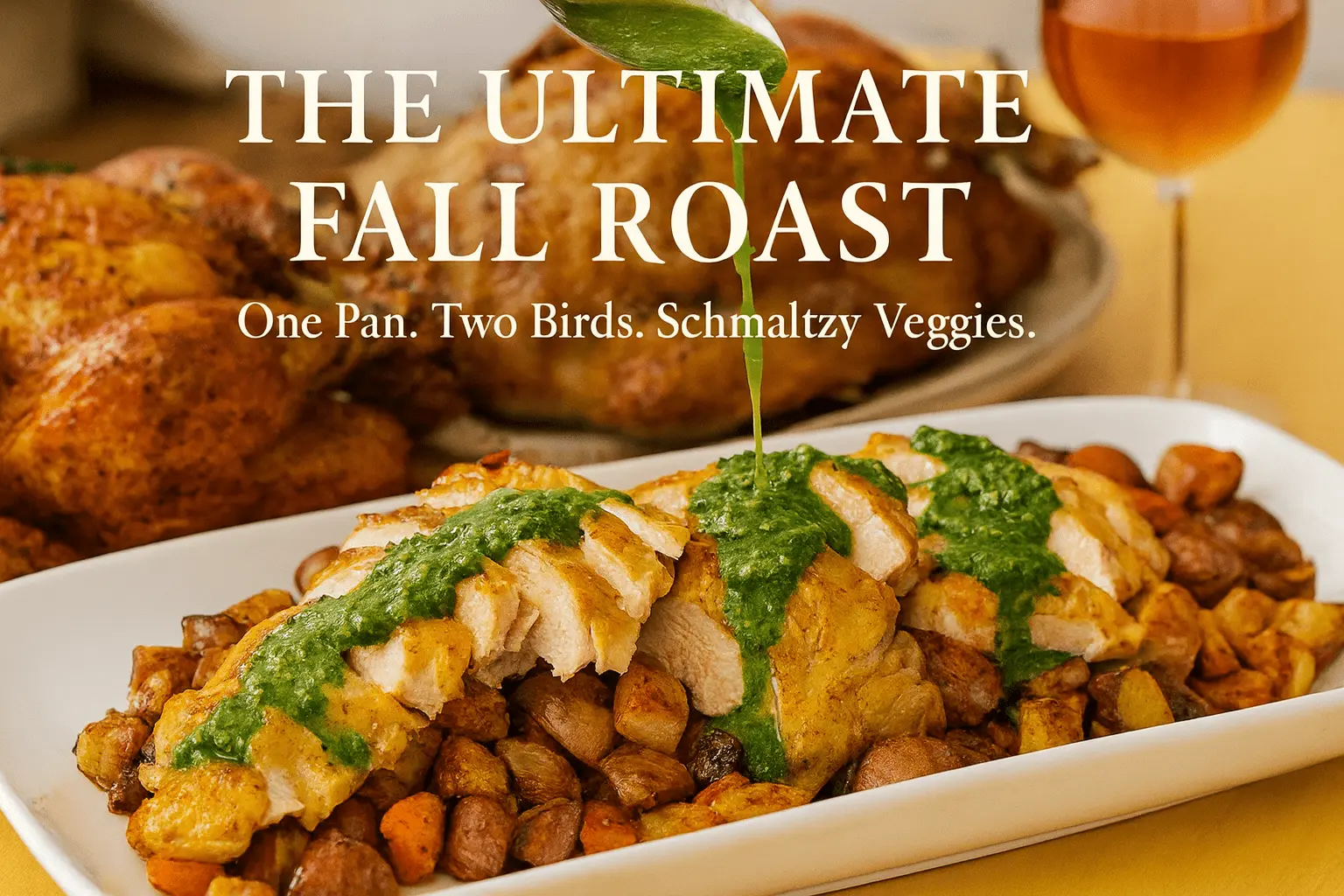 Green sauce being drizzled over a platter of sliced roasted chicken and vegetables, set against a background of whole roasted birds. Text overlay reads: "THE ULTIMATE FALL ROAST One Pan. Two Birds. Schmaltzy Veggies."
