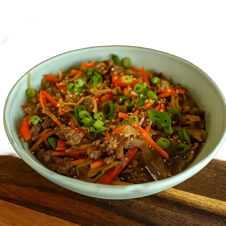 A light blue bowl filled with a ramen or noodle dish featuring ground beef, shredded carrots, bell peppers, and other vegetables in a dark sauce, garnished with sliced green onions and sesame seeds.