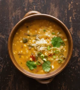 A rustic bowl of Southwest Corn Chowder topped with shredded cheese, chopped scallions, and cilantro on a dark wooden background.