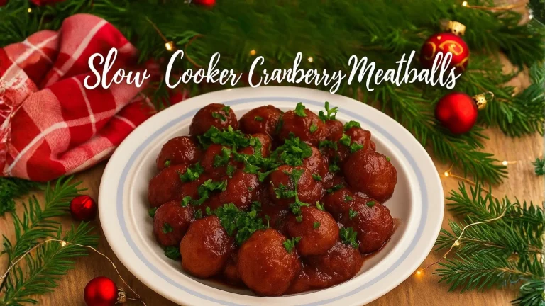 A festive shot of a white plate filled with slow cooker cranberry meatballs, garnished with fresh parsley. The plate is set on a wooden surface surrounded by lush green pine branches, red Christmas ornaments, and a red and white checkered cloth. The image includes text overlays: "Slow Cooker Cranberry Meatballs."