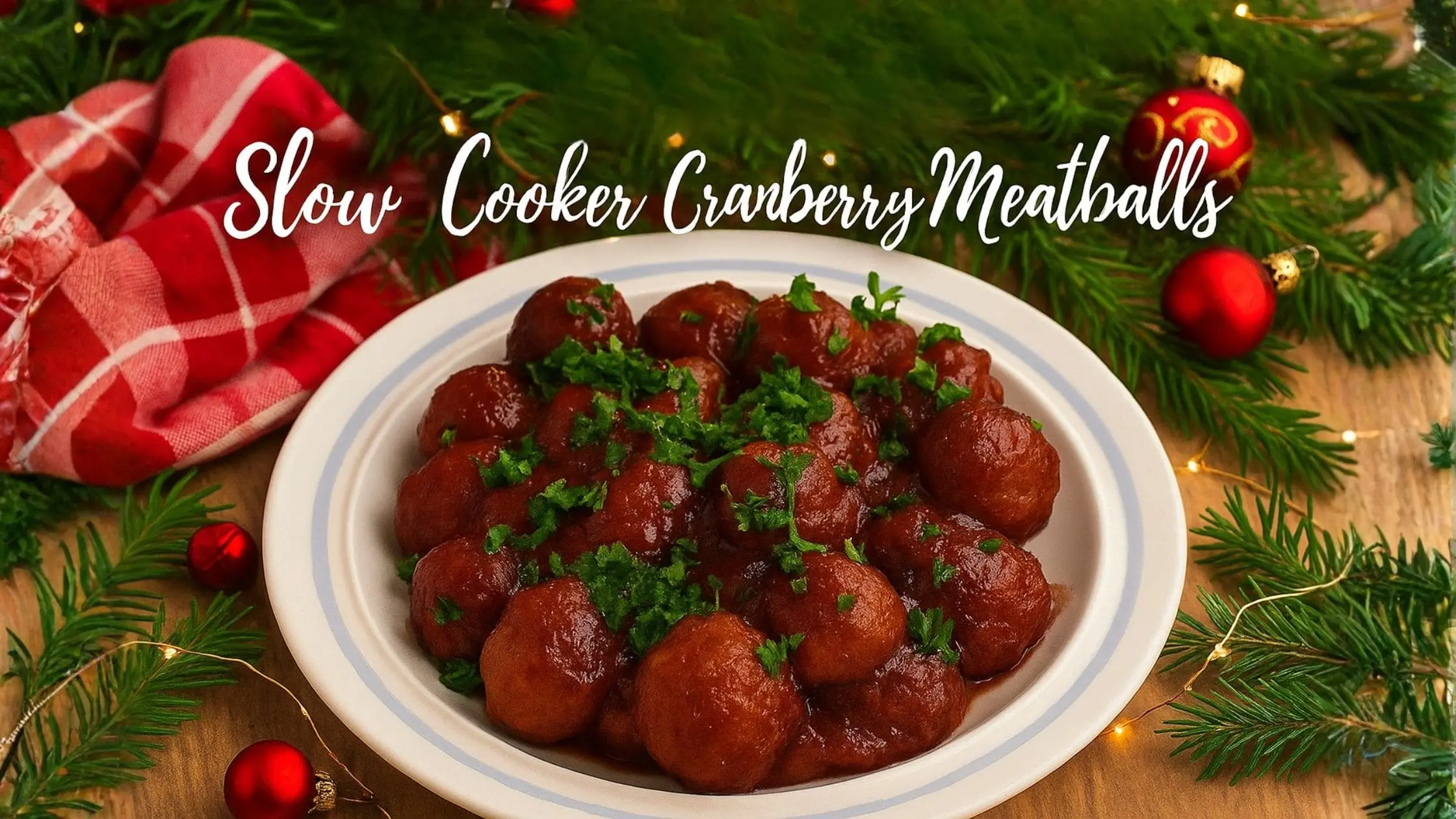 A festive shot of a white plate filled with slow cooker cranberry meatballs, garnished with fresh parsley. The plate is set on a wooden surface surrounded by lush green pine branches, red Christmas ornaments, and a red and white checkered cloth. The image includes text overlays: "Slow Cooker Cranberry Meatballs."