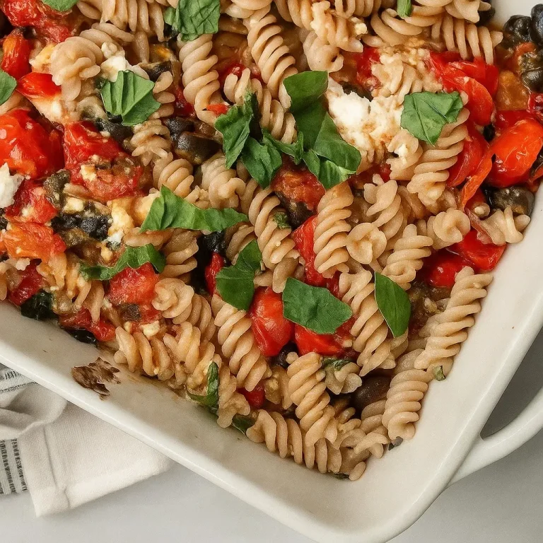 Detailed close-up of the Baked Feta Pasta dish in a white rectangular baking dish, showing the whole wheat spiral pasta, roasted tomatoes, black olives, melted feta cheese, and fresh basil.