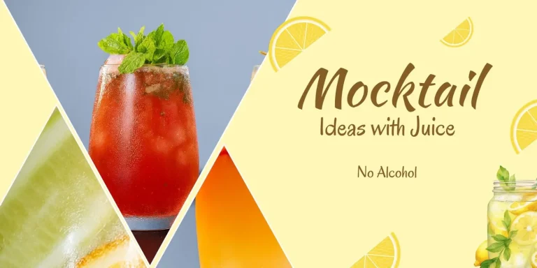 A graphic banner titled "Mocktail Ideas with Juice - No Alcohol" on a light yellow background, decorated with lemon slices. The left side of the banner features a collage of photographs cut into geometric triangles, showcasing three different juice-based mocktails: a close-up of a bright green cucumber slice, a tall glass of a red, mint-garnished drink, and a portion of a bright orange drink.