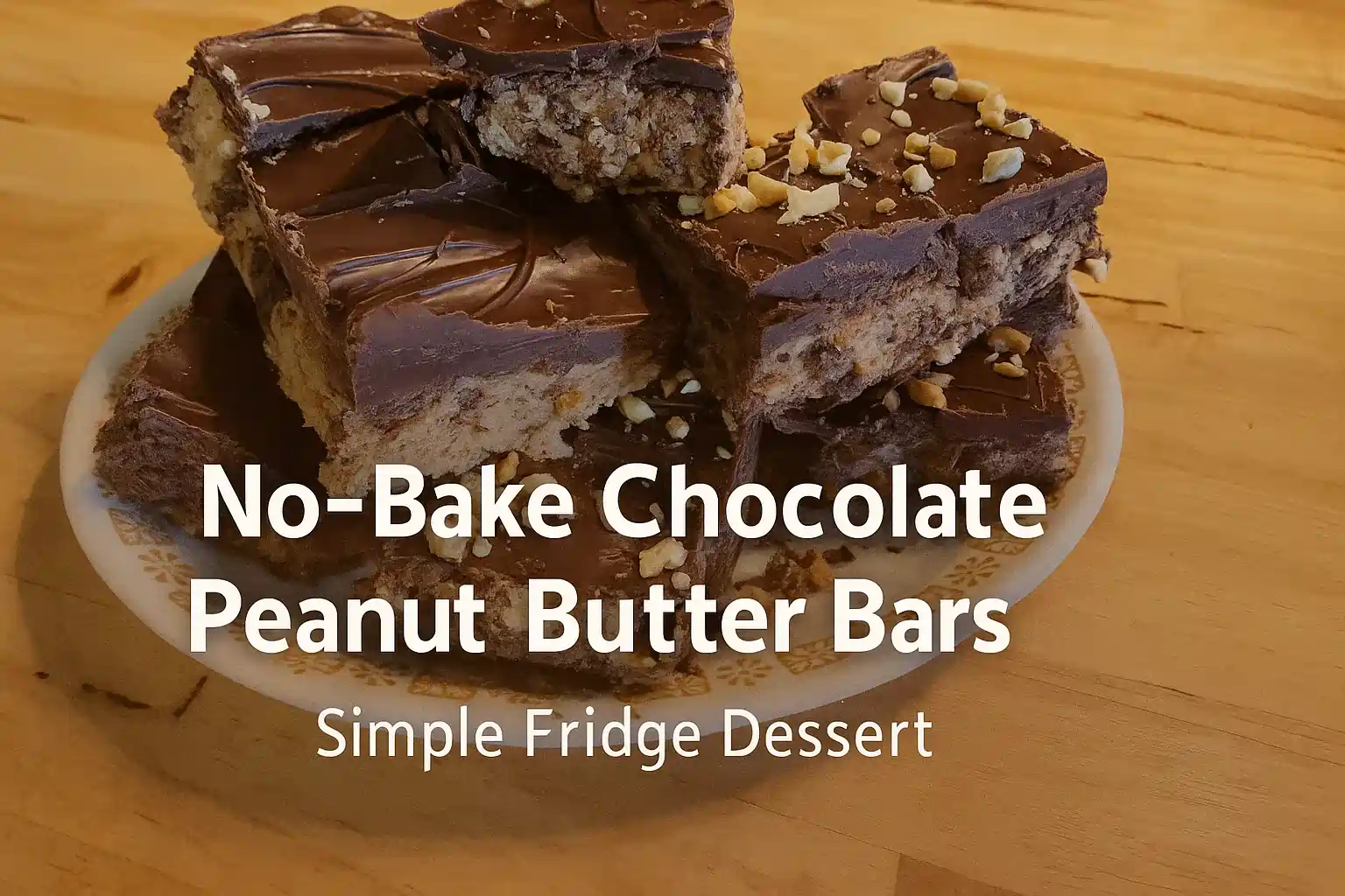 Stack of finished no bake chocolate bars on a plate, featuring a layered cross-section of a crunchy peanut butter base and a rich chocolate topping, illustrating an easy no bake dessert recipe.