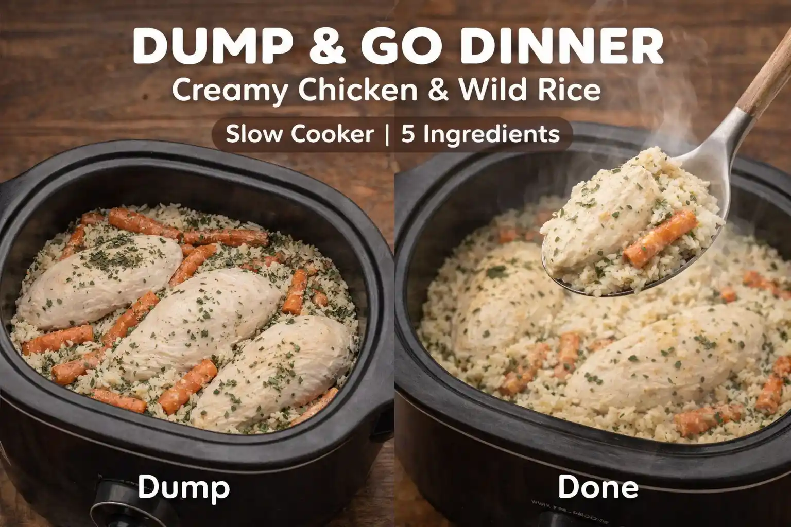 A split-screen promotional graphic with the heading "DUMP & GO DINNER: Creamy Chicken & Wild Rice" and a banner that says "Slow Cooker | 5 Ingredients." The left side, labeled "Dump," shows raw chicken, carrots, and rice layered in a slow cooker. The right side, labeled "Done," shows the cooked, steaming meal, with a metal spoon lifting a serving of chicken, rice, and carrots out of the pot.