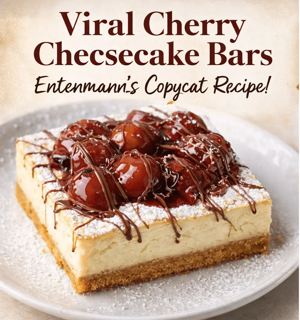 A promotional graphic featuring a cherry cheesecake bar on a white plate. Large dark red text at the top reads "Viral Cherry Cheesecake Bars," with "Entenmann's Copycat Recipe!" written in a script font below it. The image shows a square slice of cheesecake with a thick graham cracker crust, a creamy center, and a topping of glazed cherries, chocolate drizzle, and powdered sugar.