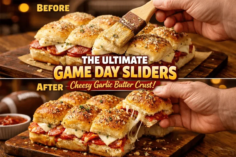 A "before and after" promotional graphic for "The Ultimate Game Day Sliders." The top "Before" section shows a hand using a pastry brush to apply a garlic herb butter mixture to pale slider buns filled with pepperoni and cheese. The bottom "After" section shows the finished sliders with a dark, glossy, golden-brown "Cheesy Garlic Butter Crust." A hand pulls one slider away, showing long strings of melted cheese stretching from the center.