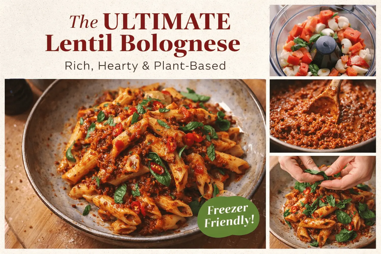 A four-part recipe collage for "The Ultimate Lentil Bolognese." The large left panel shows a bowl of penne pasta tossed in a thick, hearty red lentil sauce, garnished with fresh basil and sliced red chilies. Text reads: "The ULTIMATE Lentil Bolognese: Rich, Hearty & Plant-Based" with a green "Freezer Friendly!" badge. Three smaller panels on the right show the process: raw chopped vegetables in a food processor, the sauce simmering in a pot, and fresh basil being torn over the finished dish.