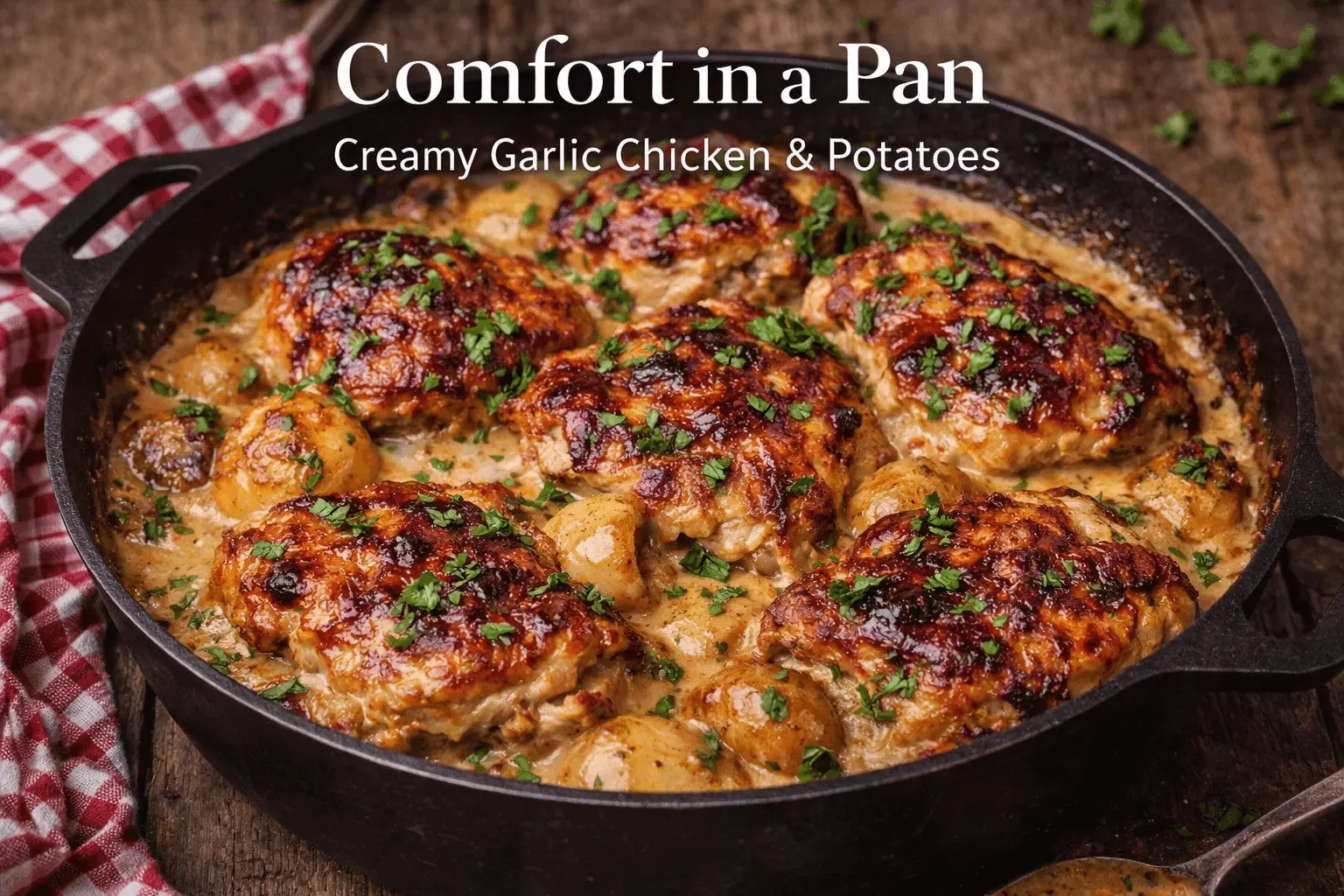 A black cast iron skillet filled with several seared, golden-brown chicken thighs and small whole potatoes in a rich, creamy garlic sauce. The dish is garnished with fresh chopped green herbs. White text at the top reads "Comfort in a Pan," with smaller text below saying "Creamy Garlic Chicken & Potatoes."