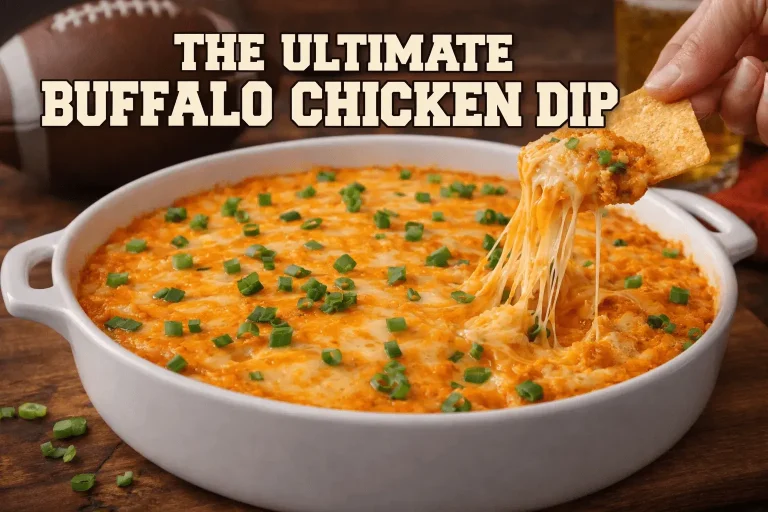 A person dipping a crunchy tortilla chip into a white dish of buffalo chicken dip, creating a long, gooey cheese pull. The dip is garnished with green onions. In the background, a football and a glass of beer are visible. Large block text at the top reads, "THE ULTIMATE BUFFALO CHICKEN DIP."